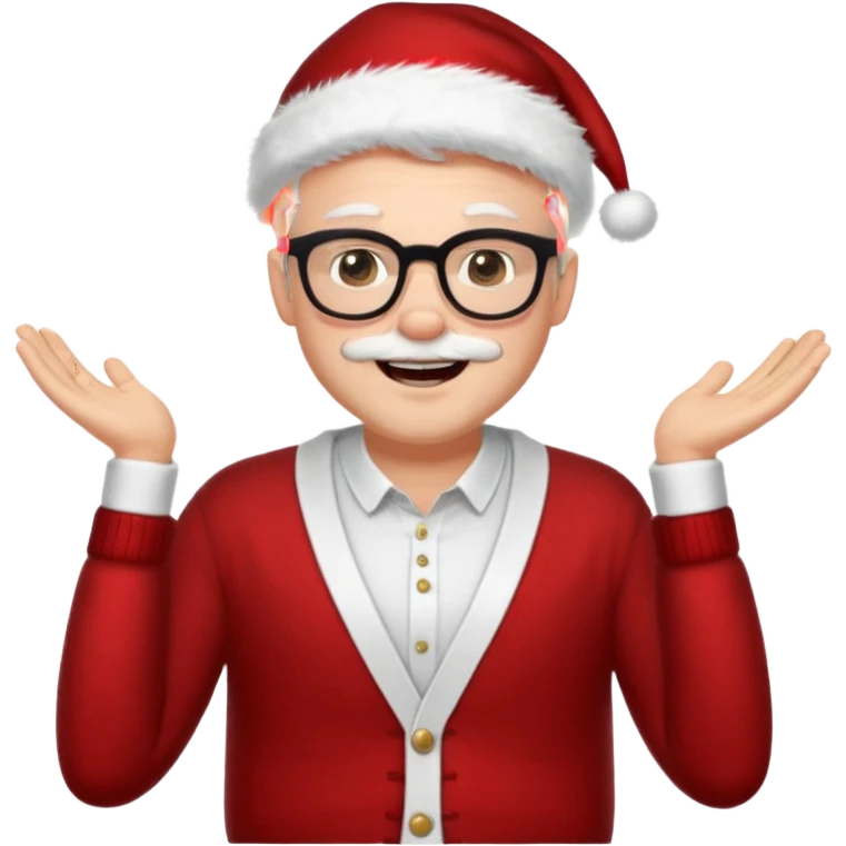 Middle aged white man wearing glasses, black short hair, hazel eye,  dressed as sexy hipster Santa in a cardigan, cute smile with teeth emoji