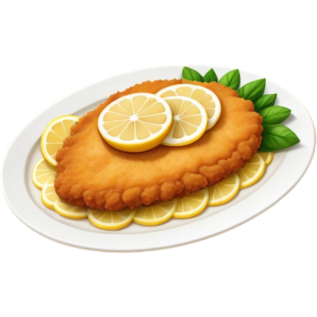 Cinematic Realistic Veal Schnitzel Dish Emoji, depicted as a golden, breaded veal cutlet served with lemon rendered with crisp textures and inviting, natural lighting. emoji