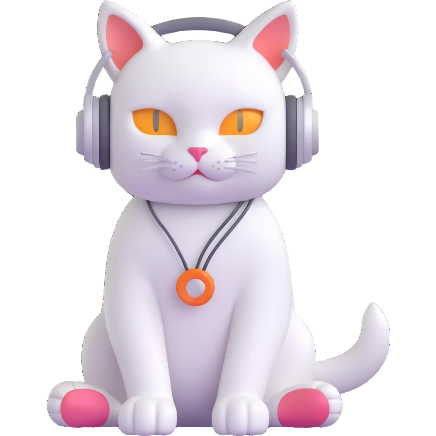 white cat, headphones, sitting, relaxed pose emoji