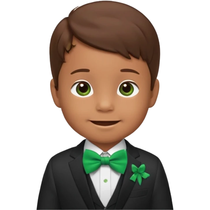 baby cute boy 5 years old, brown hair in suit, with green bow, smile emoji
