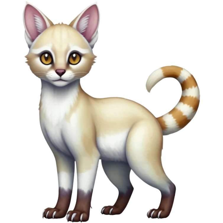 Colorful dark tropical pearly-albino-white iridescent glorious divine exotic cute cool beautiful shiny beautiful fantasy-caracal-civet-genet-sergal-vernid-Cacomistle-oncilla-animal-Fakémon-hybrid-fursona (full body) emoji