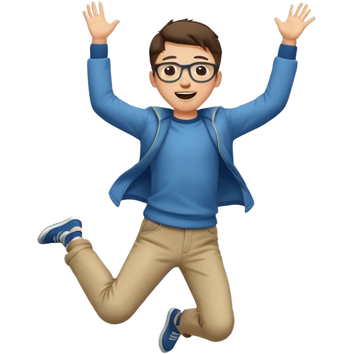 Very excited boy, jumping for joy, full body, eyes closed, wearing glasses emoji