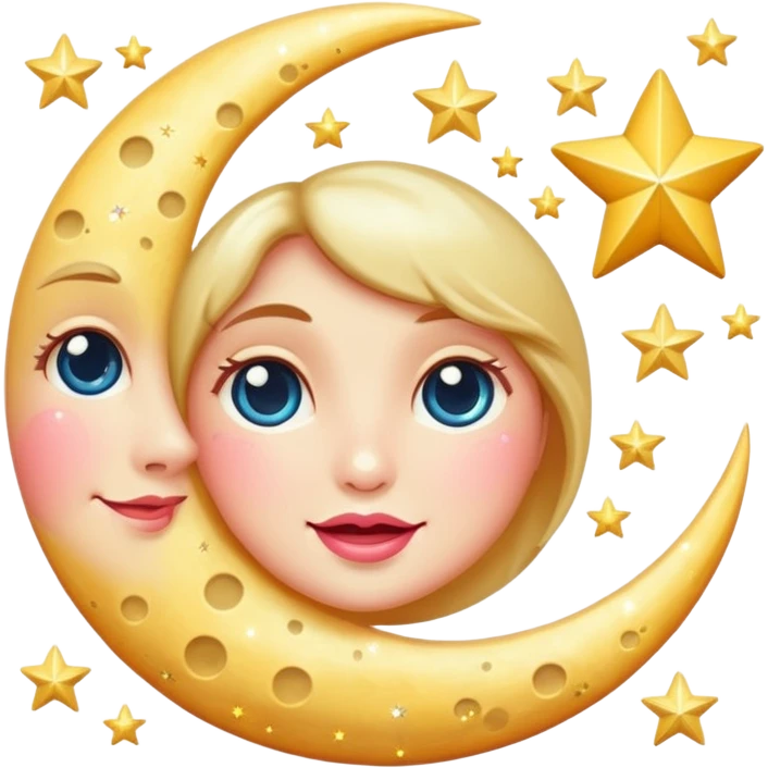 Vintage sparkle moon with stars and rosy cheeks emoji