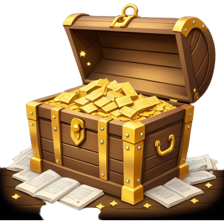 Glowing treasure chest overflowing with paper documents, sparkles, minimal style emoji