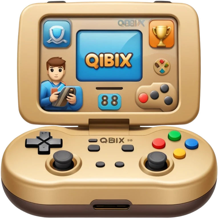 Gaming console with 'qbix88' displayed on screen, surrounded by trophy, controller and team of players emoji