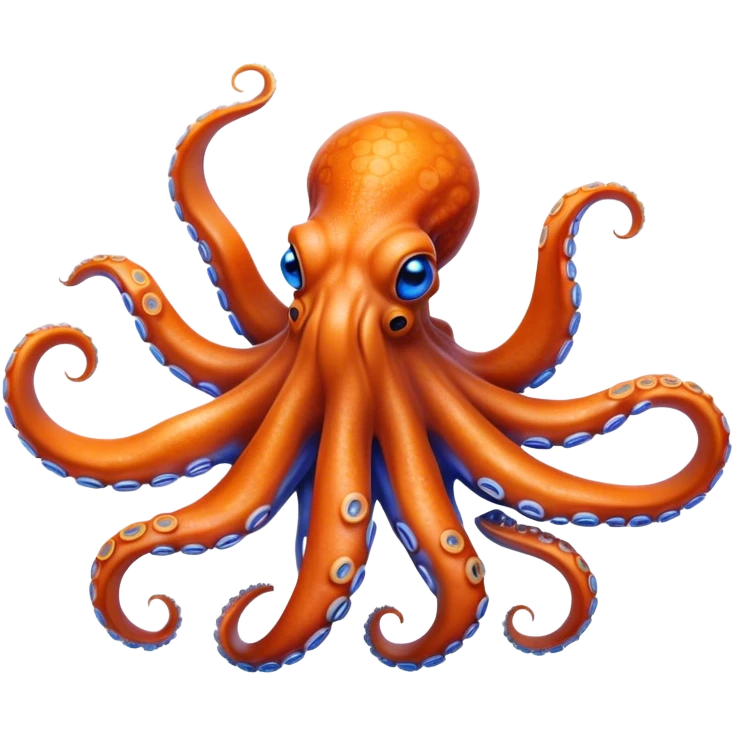 Cinematic Realistic Noble Octopus Portrait Emoji, Poised and majestic, with a sinuous, flowing body in vivid orange accented by intricately detailed blue rings, and intelligent, penetrating eyes that reflect ancient ocean lore; rendered with lifelike texture and natural iridescence, high shine, intelligent and formidable, styled with an aura of mystical marine power, focused and attentive, soft glowing outline, capturing the essence of a watchful and confident octopus that appears ready to glide out of the screen with timeless authority! emoji