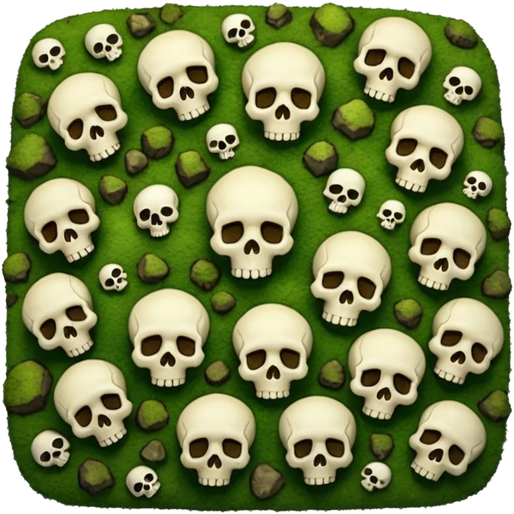 A creepy moss covered ground with skulls from a top down perspective. In the style of your bleeding skull art. In a realistic style covering the whole screen with little tint skulls emoji