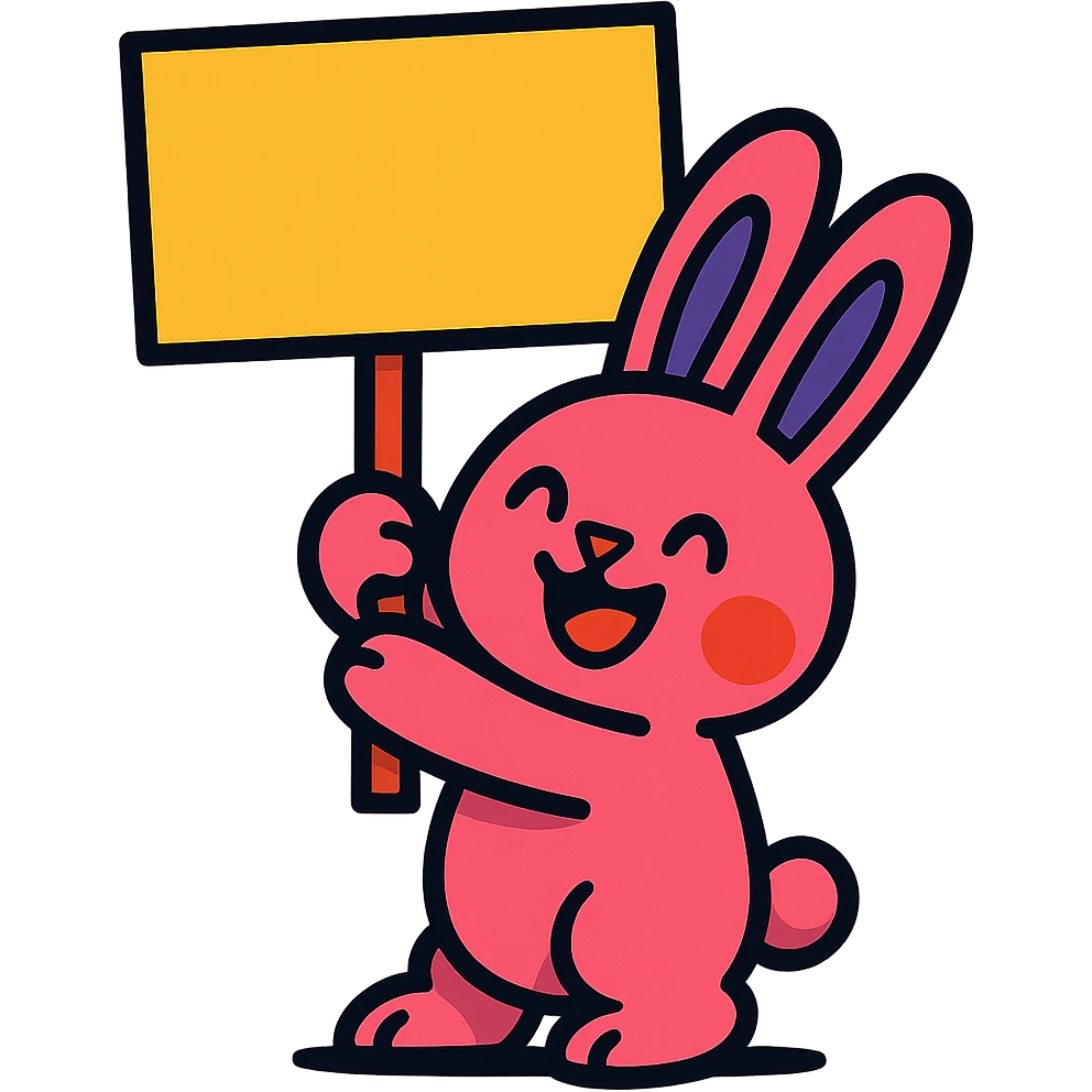 rosy bunny holding signboard high, vibrant-toon style emoji