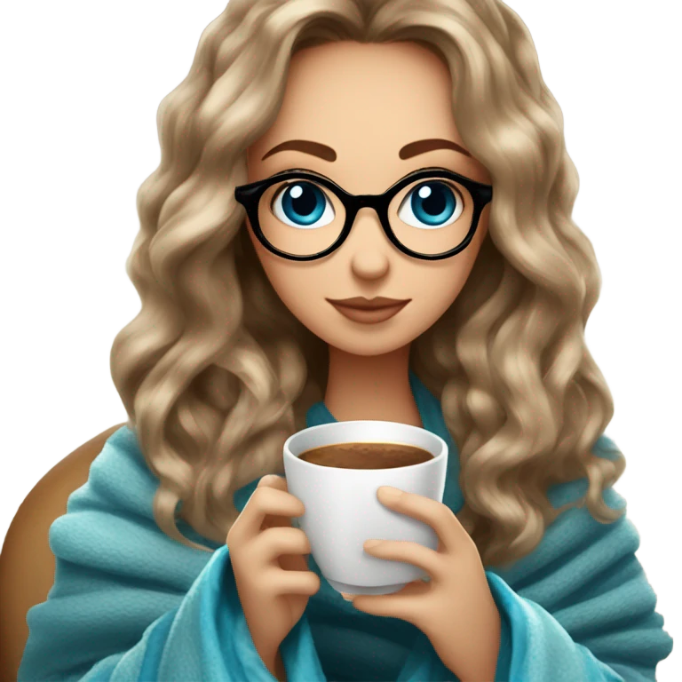 Balayage hair Girl drinking coffee, with a cozy blanket wearing glasses with blue eyes beautiful  emoji