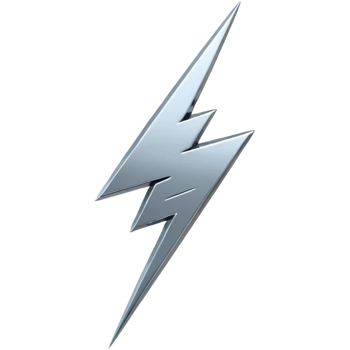 A lightning bolt emoji made of polished silver chrome, sharp yet rounded edges, glossy metallic surface, soft reflections, minimal futuristic design, iOS emoji style, centered, clean white background emoji