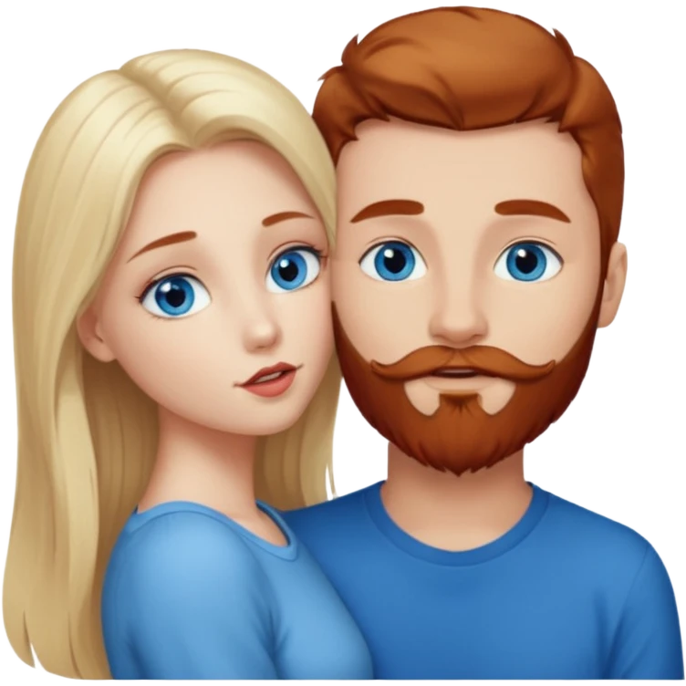 Long-pale-blonde hair, beautiful girl with blue eyes facing, kissing reddish-brown hair-beard boy blue eyed white guy emoji