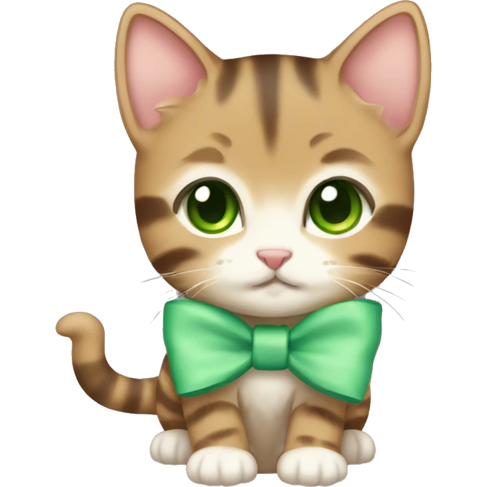 kawaii brown tabby kitten with green eyes and pastel green bow emoji
