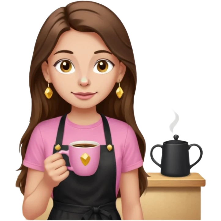 Fille cheveux long châtain, peau beige type européen, teeshirt rose avec un tablier noir, piercing au nez anneau doré, boucle d’oreille diamant doré. Elle boit un café emoji