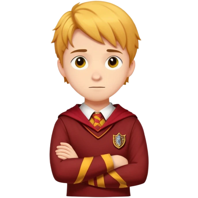 A teenage boy slightly to the side looking forward with crossed arms wearing the Gryffindor uniform emoji