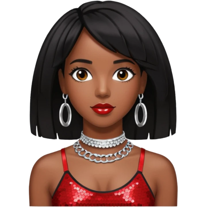 Kelly Rowland with black hair, red sequin crop top and neck bracelet emoji