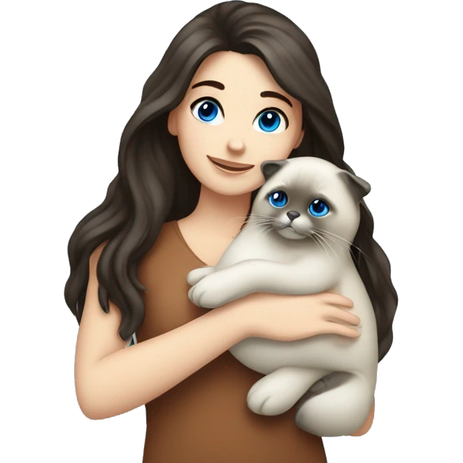 Brunette girl with blue eyes hugging seal colorpoint ragdoll emoji