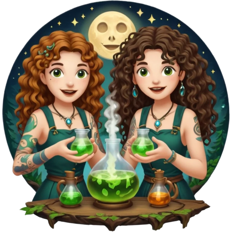 forest alchemist duo two women curly long hair tattooed and short brown mullet mixing glowing moon potion together excited faces emoji