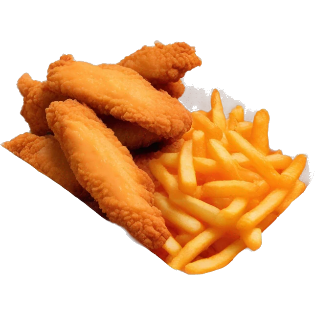 3 chicken tenders with crinkle fries and orange sauce on the side in a styrofoam container styrofoam container emoji