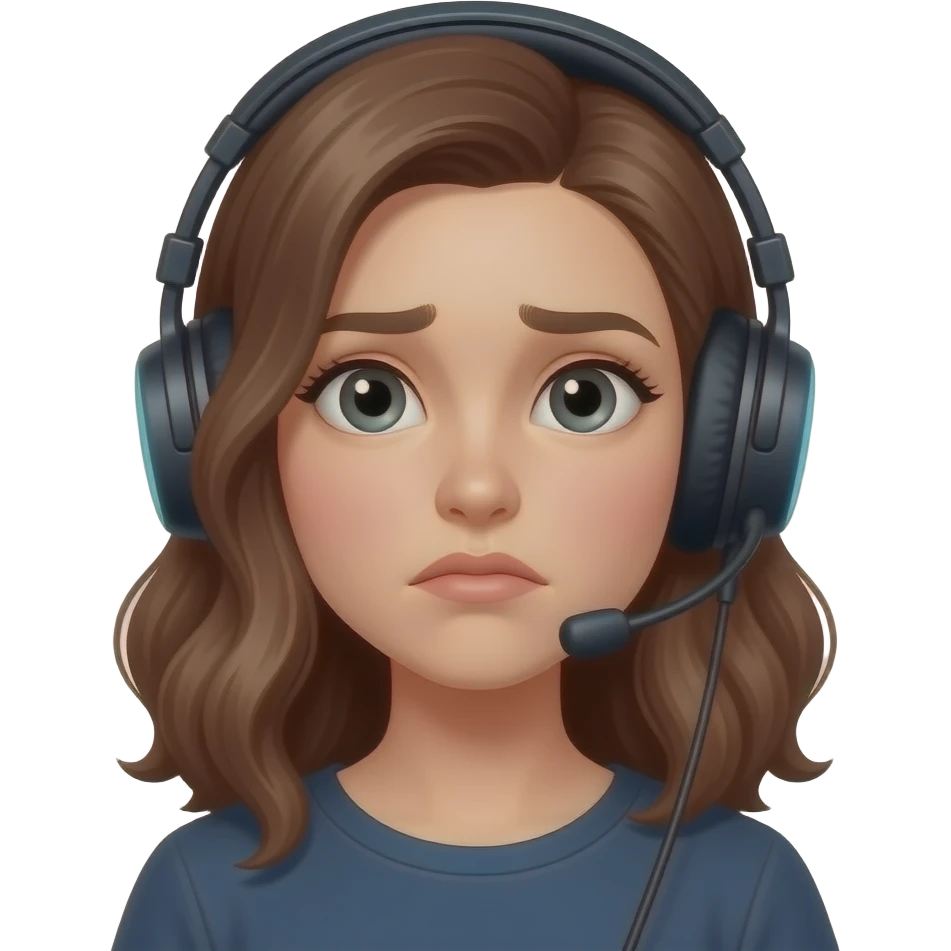 femme, brune, cheveux mi-long ondulé, casque jeux, confuse emoji