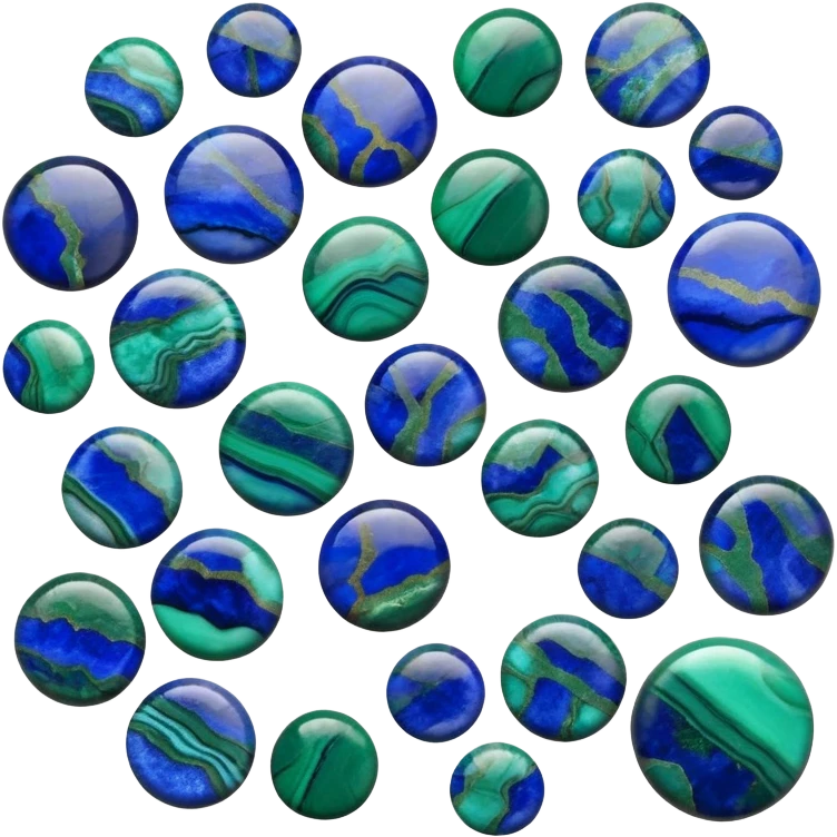 Round cabochon gemstone with blue azurite and green malachite mixed patterns and high polish emoji