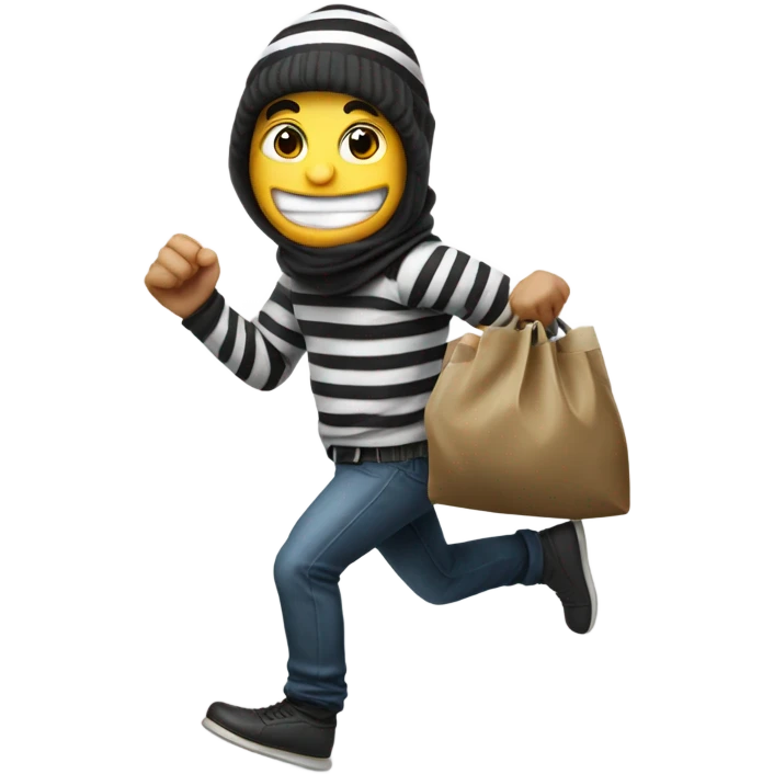 A robber looking left running with a bag full of money with money falling out, he also has a striped shirt with a striped beanie emoji