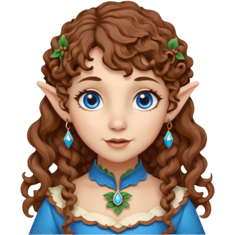 Kind Girl toymaker wood carving elf. Blue eyes. brown (just below chin length) wavy curly hair & bangs. Whimsical playful  emoji