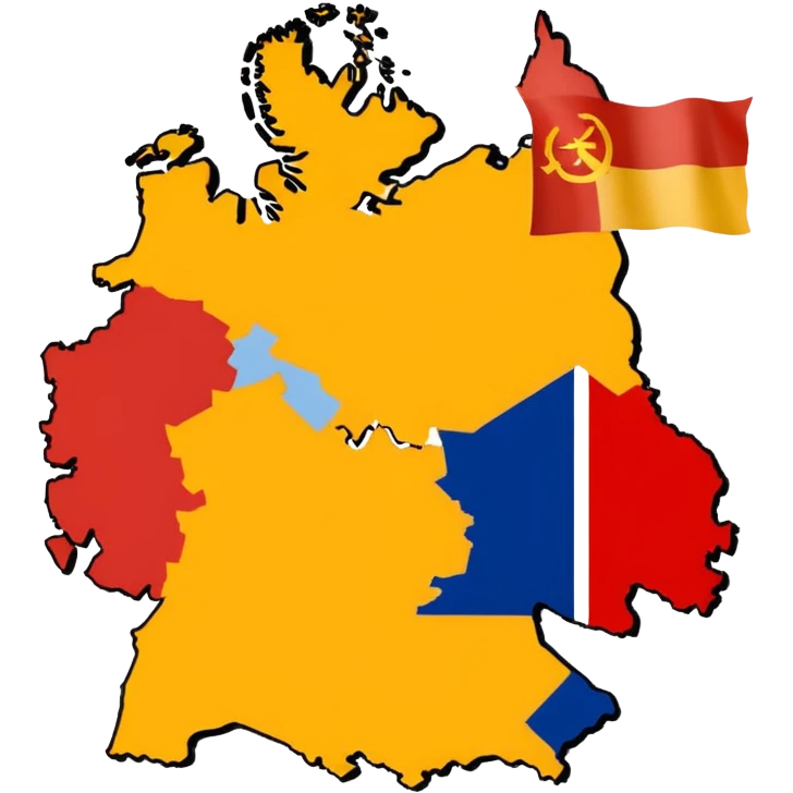 Germania divisa con bandiera US sud-ovest (Monaco, Francoforte), UK nord-ovest (Amburgo, Colonia), URSS est (Berlino Est, Dresda), France sud-ovest (Stoccarda, Friburgo) emoji