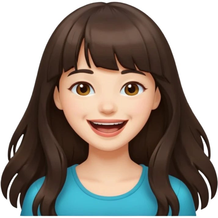 Gorgeous brunette girl with bangs and long hair having fun, laughing emoji