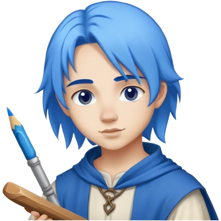 smart young painter apprentice with blu hair  drawing, medieval age emoji