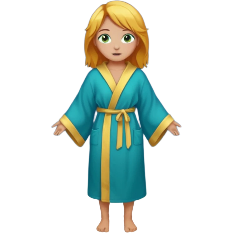 lightly tanned skin, green-blue eyes, cute and sexy girl with bright yellow-brown hair in a dark sky pallete robe, golden rings, slight cute makeup, full body emoji