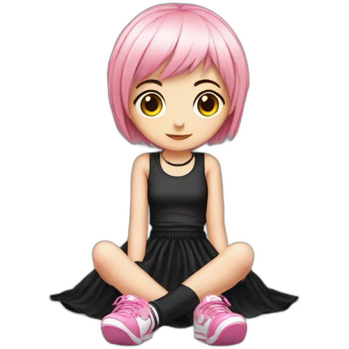 full body Front view emo girl sits on the floor black skirt pink knickers emoji
