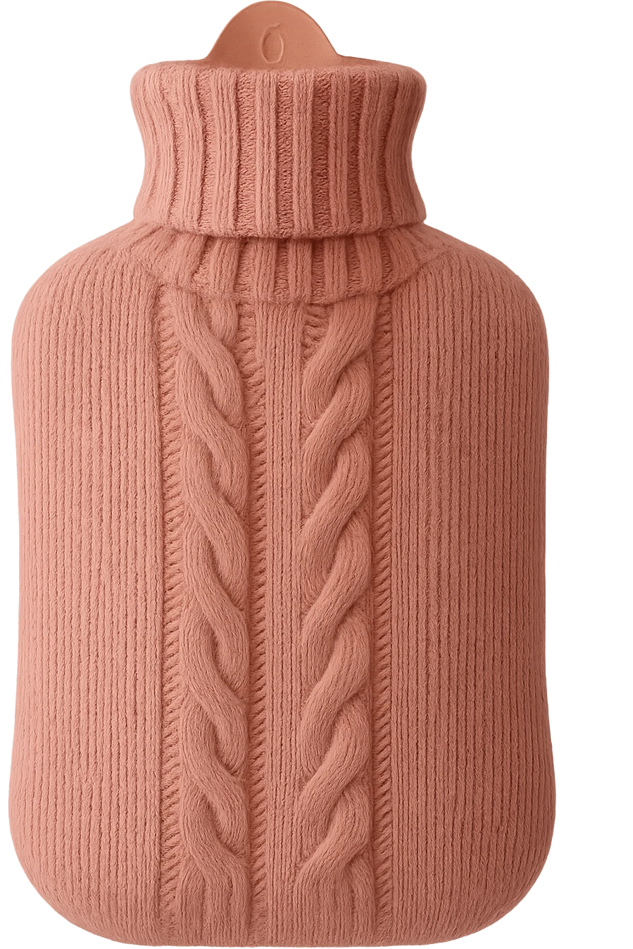 pink cozy hot water bottle with a knitted cover, comforting emoji