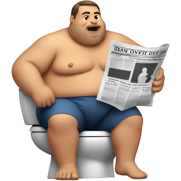 fat guy sitting on toilet reading newspaper no shirt front view emoji