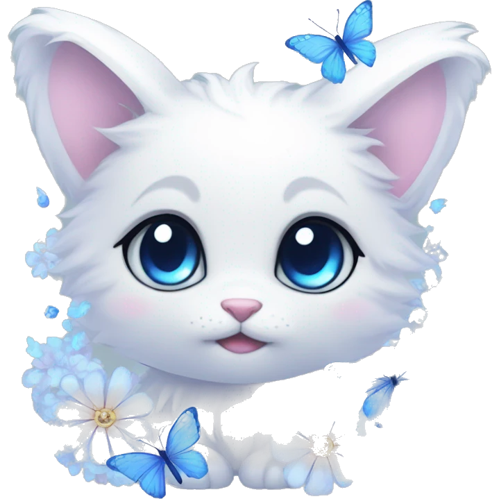 Edgy Cute Cool Kawaii gorgeous sparkly ethereal white fantasy animal with blue eyes sona with flowers and butterflies beautiful aesthetic emoji