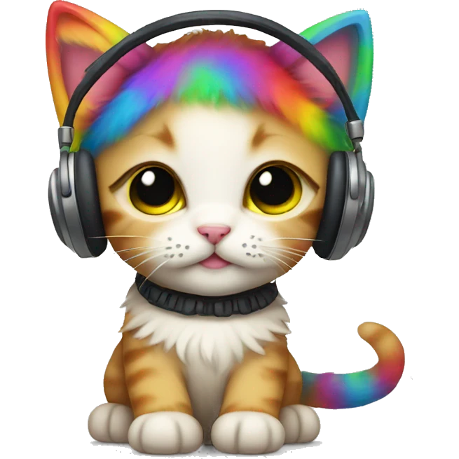 Rainbow kitten wearing earmuffs emoji