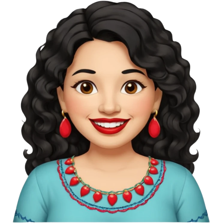 40 yr old Mexican woman, slightly chubby, wavy/curly long black hair, red lipstick, big smile, white teeth, brown eyes, hoop earings, side part to hair, round face, nice blouse, no wrinkle hair side swept, big hoop earing emoji