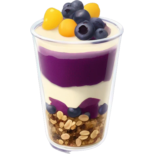 Açaí in a clear cup with layers of fruits and granola and condensed milk emoji