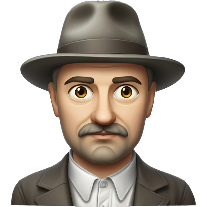 Russian writer Alexander Kuprin Photorealism A plump serious man of Slavic appearance with Small eyes with goatee beard and mustache, with a  short haircut, big detailed face, wrinkled face, wearing a fedora hat emoji