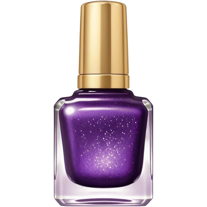 Ultra realistic, glitter dark plum color nail polish, translucent glass bottle, gold color top lid emoji