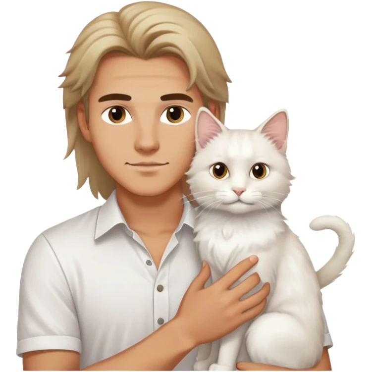 A young handsome Caucasian man in a white shirt holds a long-haired white cat emoji