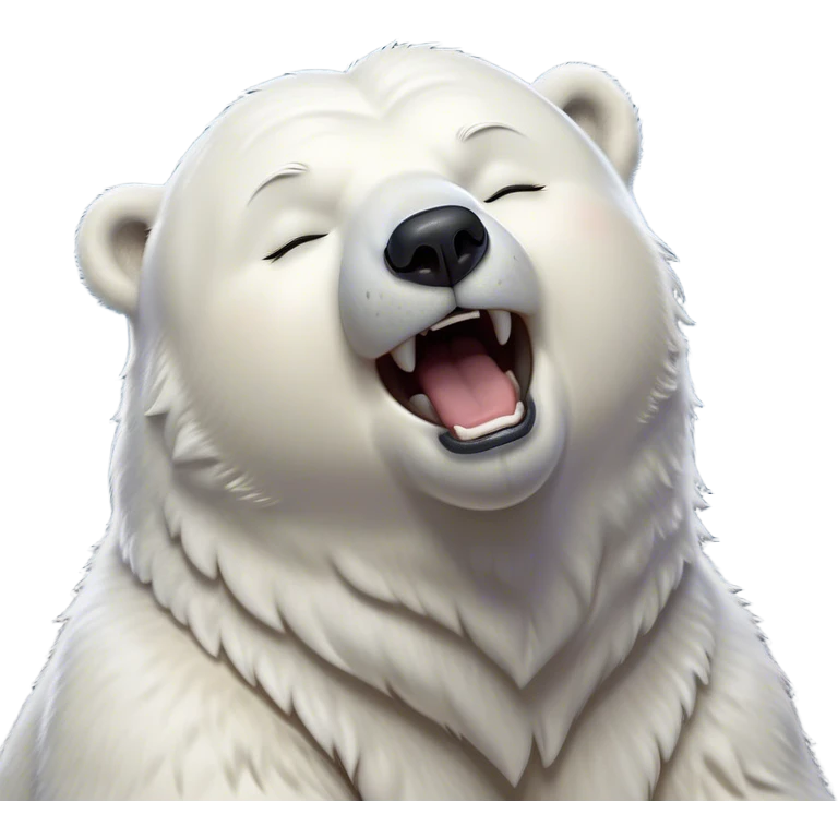 Cinematic Cute Yawning Polar Bear Portrait Emoji, Head tilted slightly with a dramatic, wide-open yawn, showcasing luxuriously thick fur and sleepy, half-closed eyes radiating drowsy contentment, Simplified yet irresistibly adorable features, highly detailed, glowing with a soft, cozy polar light, high shine, relaxed yet expressive, stylized with a dash of whimsical arctic charm, soft glowing outline, capturing the essence of a drowsy yet affectionate guardian that seems ready to stretch out for a nap! emoji
