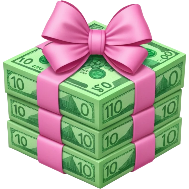 Bright Green Australian $100 notes stacked together and wrapped in a girly pink bow emoji