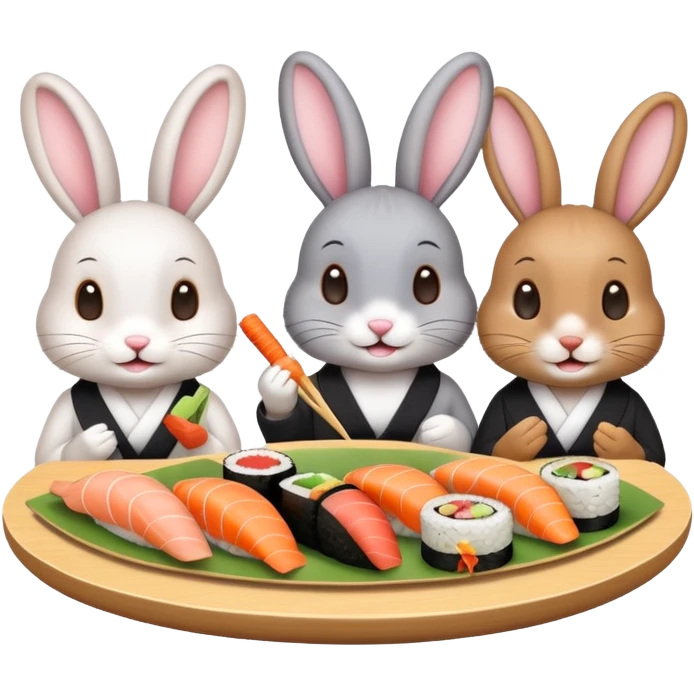 four cute bunny rabbits eating sushi at a birthday party, playful, sushi platters, birthday banner, emoji style emoji