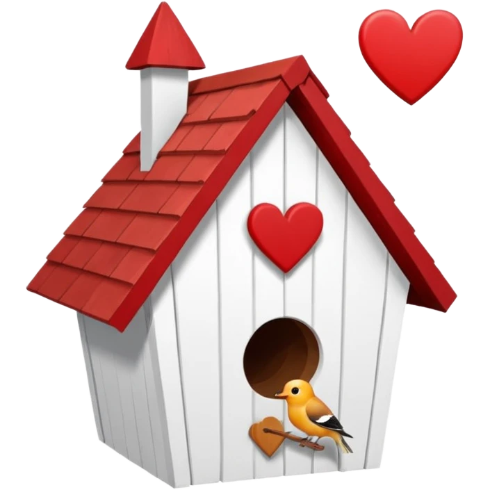 a birdhouse with a normal circular hole and a red roof with the rest white and a heart at the top but below the roof emoji