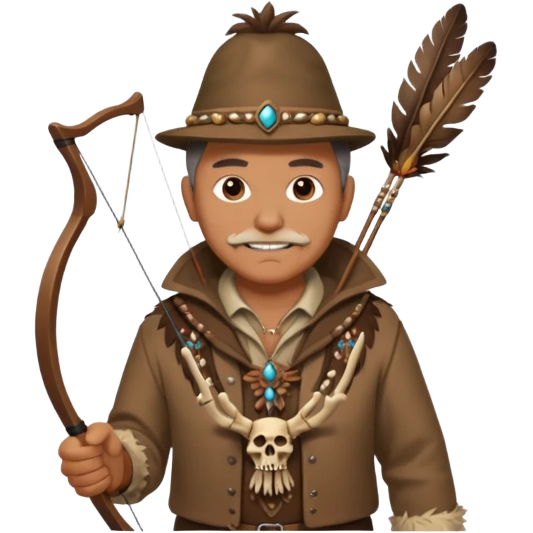 The classic image of a middle-aged uncle hunter carrying a bow, dressed in brown clothes, with some ornaments made of feathers, bones or teeth on his body. emoji
