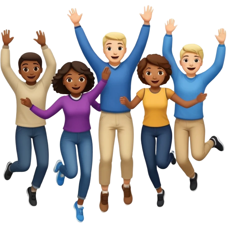 adult students, some jumping and celebrating, happy, diverse group, classroom background emoji
