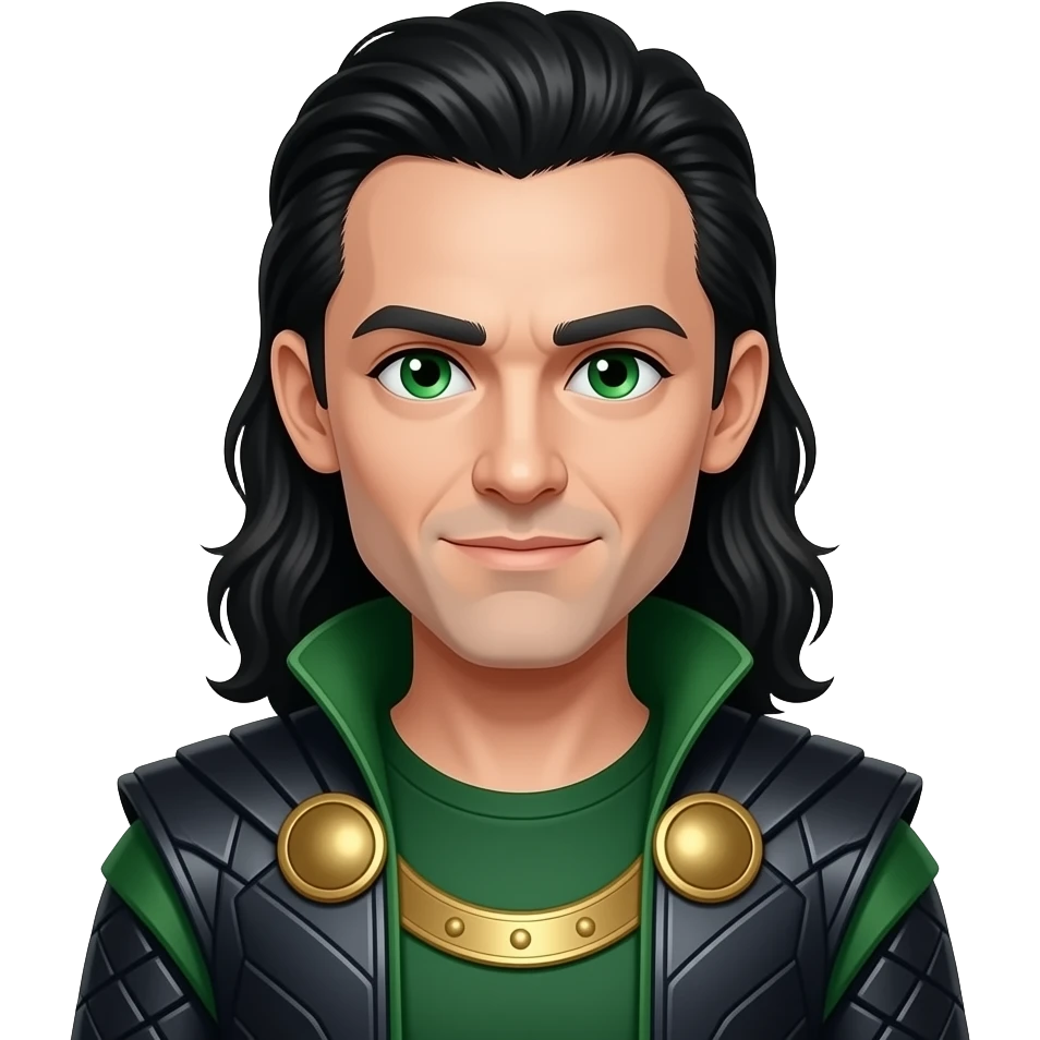 Loki from Norse Mythology with green eyes, long black wavy locks hair, green tunic, black cloak emoji