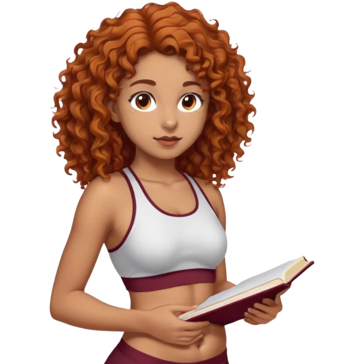 17 year old girl brown-orange wavy curly hair long to the belly, 159cm tall, brown eyes brown eyebrows, nose piercing ok left side, sporty body small waist, wears bordeaux and is studying emoji