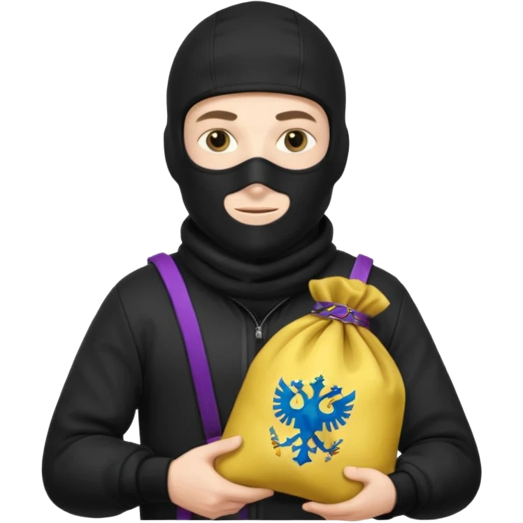 создай белого украинца в черное одежде и черной балаклаве с большим мешком денег с  гербом страны на нем  emoji
