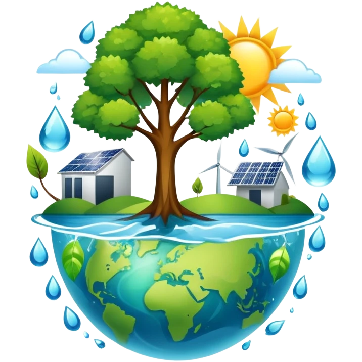 An icon featuring a green Earth, a tree, recycling symbols, and renewable energy sources like wind turbines, solar panels, and hydropower. The design includes animals, water droplets, and the sun, representing ecology, sustainable energy, and environmental protection. Transparent background. emoji